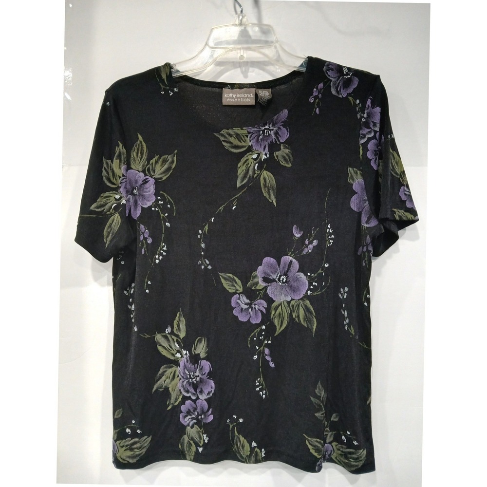 Vintage Y2K‎ Kathy Ireland Liquid Knit Slinky XL Floral Short Sleeve Stretch Top